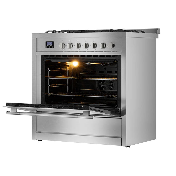 Empava EMPV-36GR12 gas range with the oven door open, angled view of the oven interior