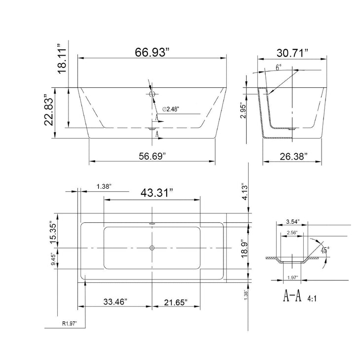Empava 67" Freestanding Soaking Tub with Center Drain EMPV-67FT1516 Empava