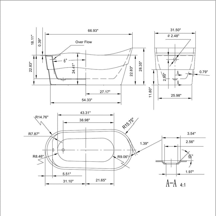 Empava 67" Freestanding Soaking Tub with Left Drain EMPV-67FT1527 Empava