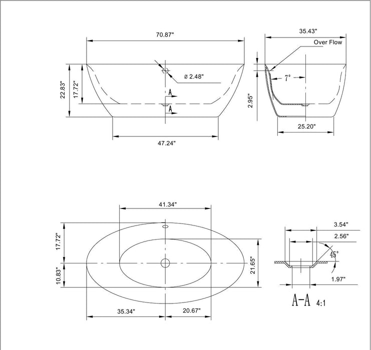 Empava 71" Freestanding Soaking Tub with Center Drain EMPV-71FT1503 Empava
