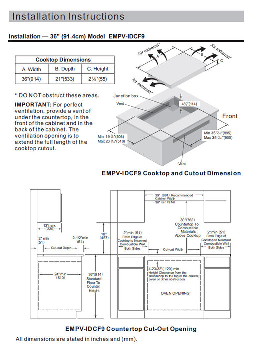 Empava EMPV-IDCF9 installation instructions with cooktop dimensions and countertop cut-out diagram