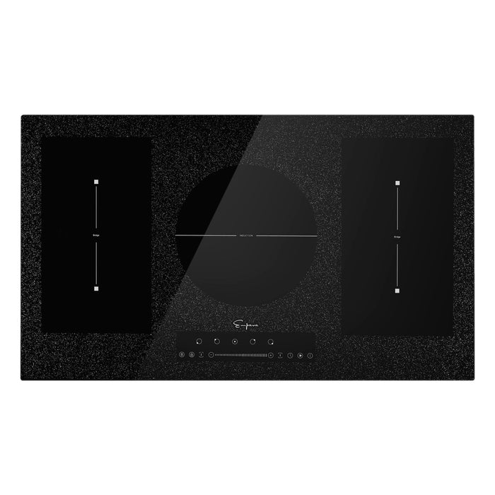 Empava EMPV-IDCF9 36 inch induction cooktop in black, top view with two bridge zones and a large central zone
