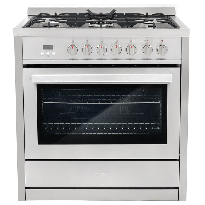 Cosmo 4-Piece Appliance Package - 36-Inch Dual Fuel Range, Wall Mount Range Hood Hood, Dishwasher and Refrigerator in Stainless Steel (COS-4PKG-072) Cosmo