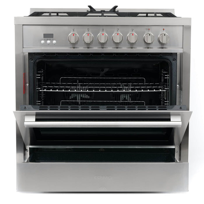 Cosmo 4-Piece Appliance Package - 36-Inch Dual Fuel Range, Wall Mount Range Hood, Dishwasher and Refrigerator in Stainless steel (COS-4PKG-073) Cosmo