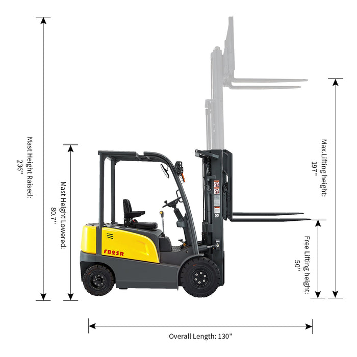 Xilin FB25R-Li-189HF 4 wheel electric forklift raised load view