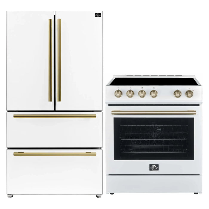 Forno 2-Piece Appliance Package - 30-Inch Electric Range and 36-Inch French Door Refrigerator in White with Antique Brass Handle (FBDL-003-09US)