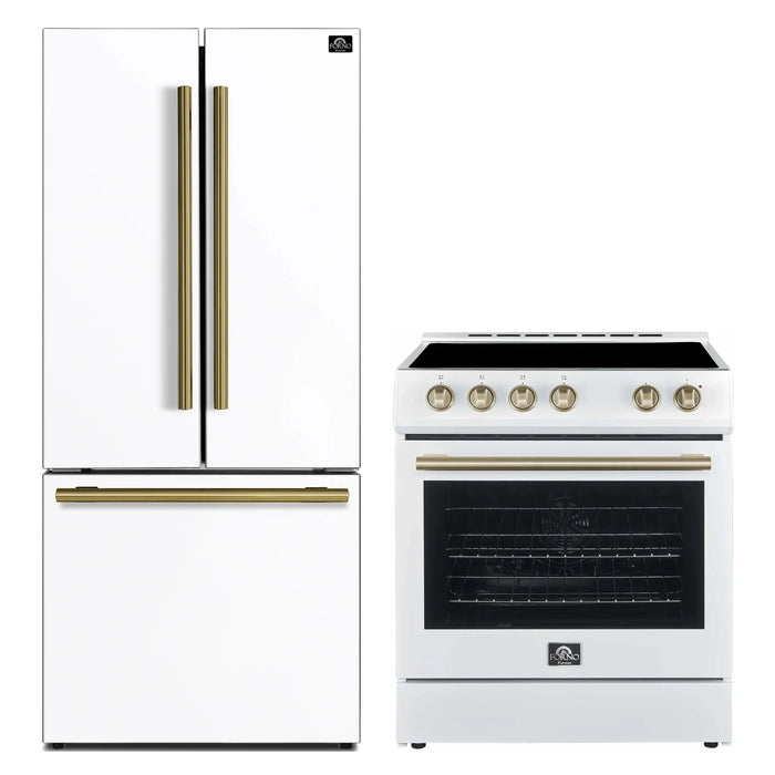 Forno 2-Piece Appliance Package - 30-Inch Electric Range and 30-Inch Refrigerator in White with Antique Brass Handle (FBDL-003-11US)