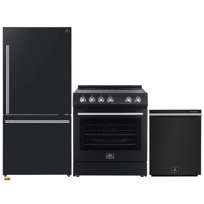 Forno 3-Piece Appliance Package - 30-Inch Leonardo Espresso Electric Range, Refrigerator, & Dishwasher in Black with Stainless Steel Handle (FBDL-007-02US)