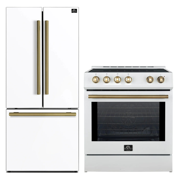 Forno 2-Piece Appliance Package - 30-Inch Slide-In Induction Range and 30-Inch French Door Refrigerator in White with Antique Brass Handle (FBDL-014-10CAUS)