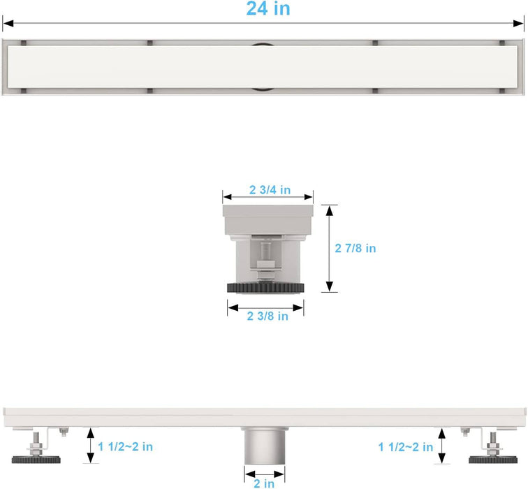 Brushed nickel Linear shower drain stainless steel material 24 inch with tile insert 2-in-1 cover with hair strainer and adjustment feet - detail close-up