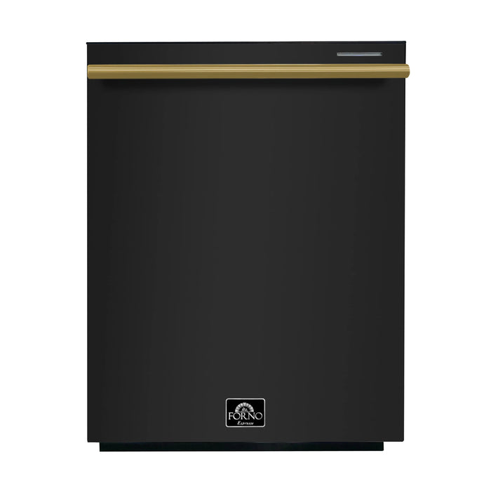 FORNO 4-Piece Appliance Package- 30-Inch Electric Range, Under Cabinet Range Hood, 31-Inch Refrigerator, and Built-In Dishwasher in Black with Antique Brass Trim (FBDL-006-02US)
