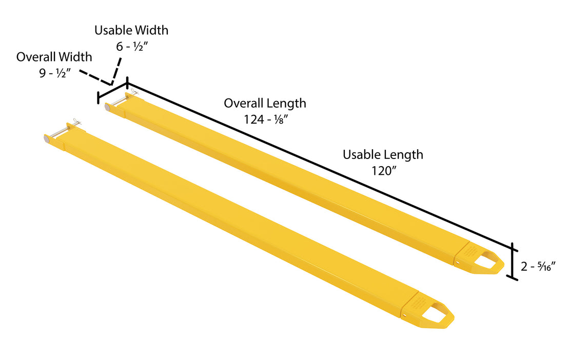 Vestil FE-6-120-P steel pin style fork extensions dimensions diagram
