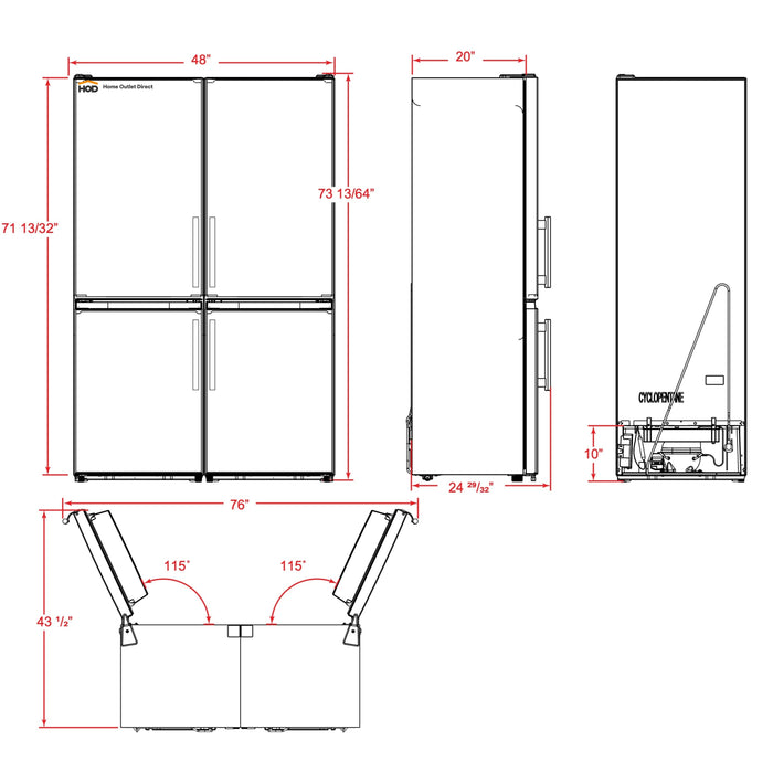 Forno Guardia 46.8 Inch 21.6 cu.ft. Side-by-Side Bottom Freezer Refrigerator in Stainless Steel (FFFFD1778-48) FORNO