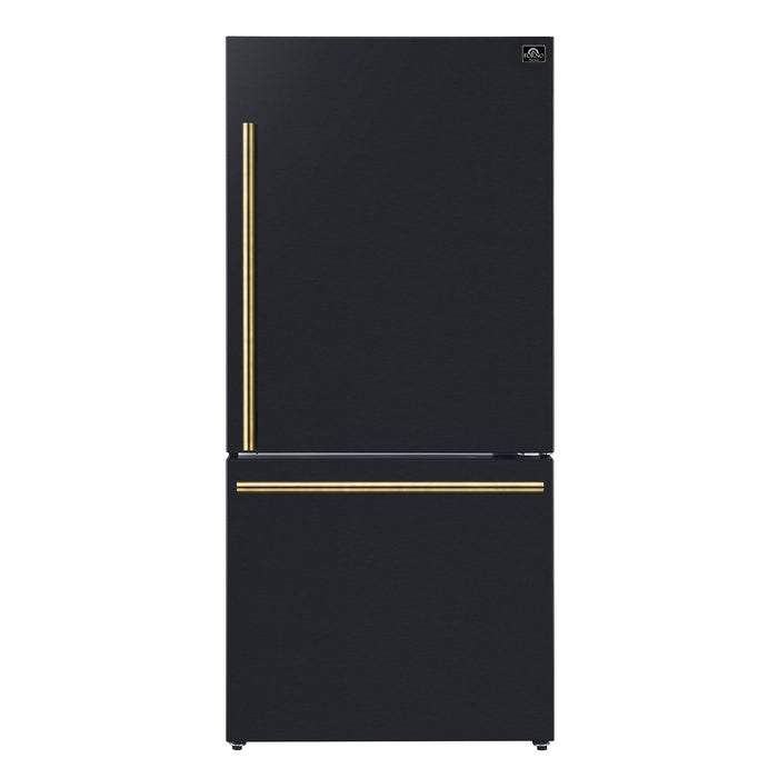 FORNO 4-Piece Appliance Package- 30-Inch Electric Range, Under Cabinet Range Hood, 31-Inch Refrigerator, and Built-In Dishwasher in Black with Antique Brass Trim (FBDL-006-02US)