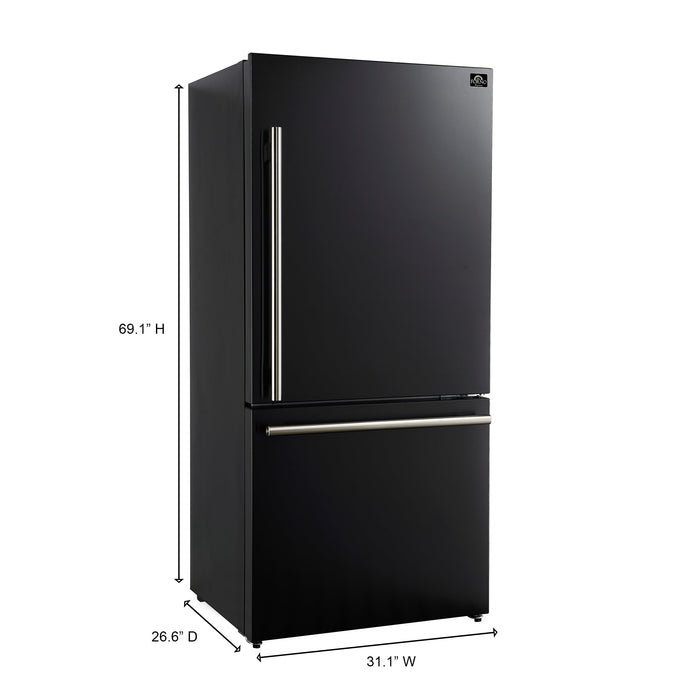 FORNO 4-Piece Appliance Package- 30-Inch Electric Range, Under Cabinet Range Hood, 31-Inch Refrigerator, and Built-In Dishwasher in Black with Antique Brass Trim (FBDL-006-02US)