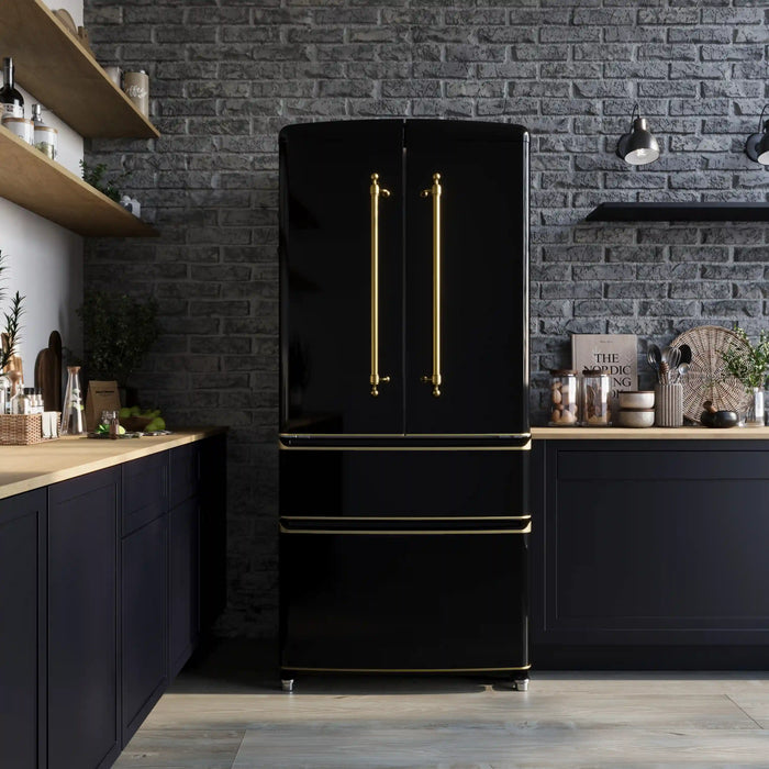 Forno Luigi 33-Inch 18 cu.ft. French Door Refrigerator in Black with Antique Brass Handles (FFFFD1791-33BLK)