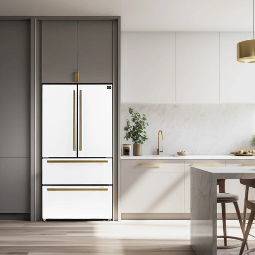 Forno Espresso Moena 36-inch 19.2 Cu.ft French Door Refrigerator in White with Antique Brass Handle (FFRBI1820-36WHT) FORNO