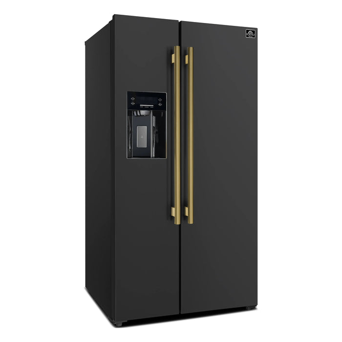 Forno Espresso Salerno 36-inch 20 cu.ft Side-by-Side Refrigerator with Water Dispenser in Black with Antique Brass Handle (FFRBI1844-36BLK) FORNO