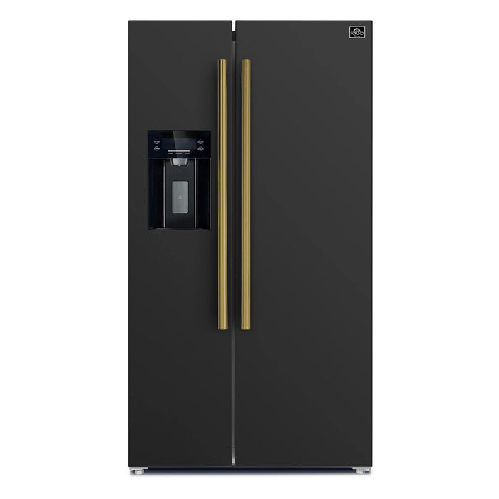 Forno Espresso Salerno 36-inch 20 cu.ft Side-by-Side Refrigerator with Water Dispenser in Black with Antique Brass Handle (FFRBI1844-36BLK) FORNO