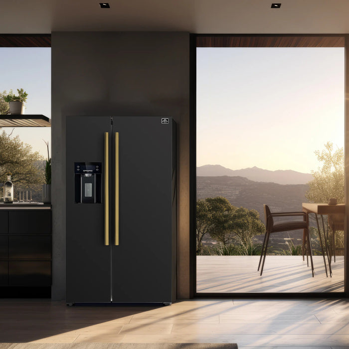 Forno Espresso Salerno 36-inch 20 cu.ft Side-by-Side Refrigerator with Water Dispenser in Black with Antique Brass Handle (FFRBI1844-36BLK) FORNO