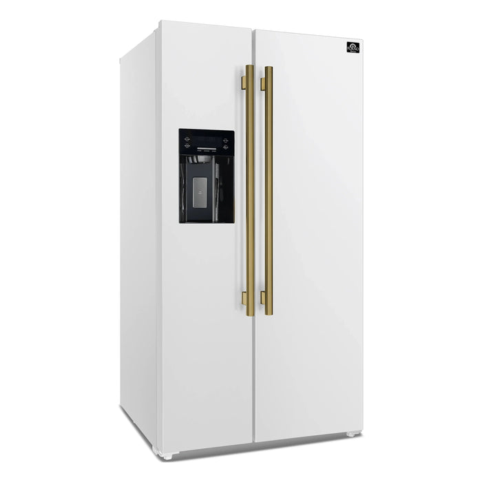 Forno Espresso Salerno 36-inch 20 cu.ft Side-by-Side Refrigerator with Water Dispenser in White with Antique Brass Handle (FFRBI1844-36WHT) FORNO