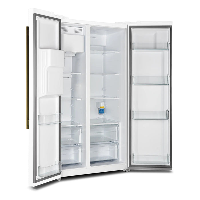 Forno Espresso Salerno 36-inch 20 cu.ft Side-by-Side Refrigerator with Water Dispenser in White with Antique Brass Handle (FFRBI1844-36WHT) FORNO