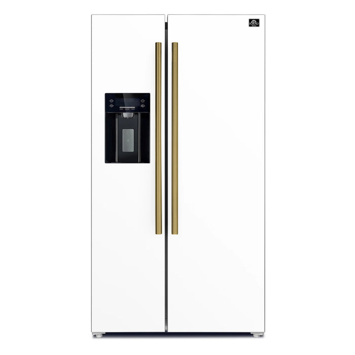 Forno Espresso Salerno 36-inch 20 cu.ft Side-by-Side Refrigerator with Water Dispenser in White with Antique Brass Handle (FFRBI1844-36WHT) FORNO