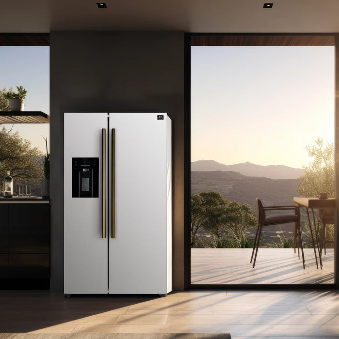 Forno Espresso Salerno 36-inch 20 cu.ft Side-by-Side Refrigerator with Water Dispenser in White with Antique Brass Handle (FFRBI1844-36WHT) FORNO