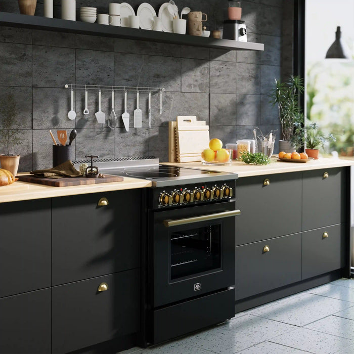 Forno Paolo 30-Inch Freestanding Electric Range in Black with Antique Brass Handle (FFSEL6011-30BLK)