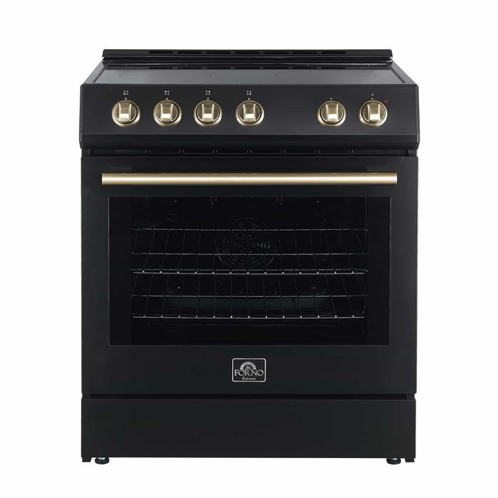 FORNO 4-Piece Appliance Package- 30-Inch Electric Range, Under Cabinet Range Hood, 31-Inch Refrigerator, and Built-In Dishwasher in Black with Antique Brass Trim (FBDL-006-02US)