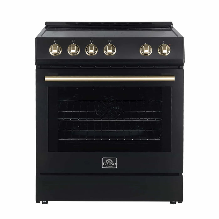 Forno Espresso 2-Piece Appliance Package - 30-Inch Electric Range with 5.0 Cu.Ft. Electric Oven and Under Cabinet Range Hood in Black with Antique Brass Trim (FBDL-002-02US)