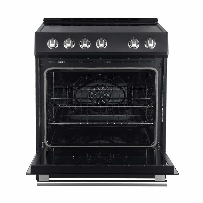 FORNO 4-Piece Appliance Package- 30-Inch Electric Range, Under Cabinet Range Hood, 31-Inch Refrigerator, and Built-In Dishwasher in Black with Antique Brass Trim (FBDL-006-02US)