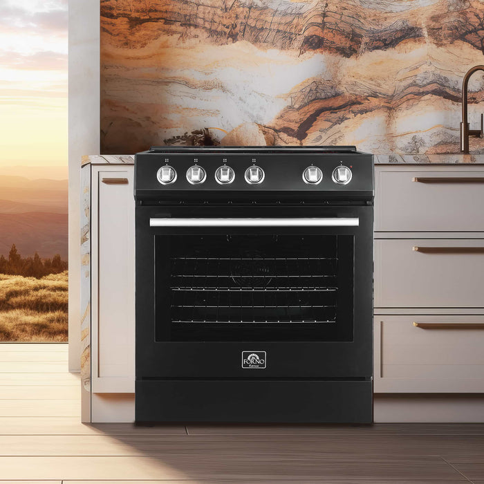 Forno Leonardo Espresso 30-Inch Electric Range with 5.0 cu. Ft. Electric Oven in Black with Brass Trim (FFSEL6012-30BLK) FORNO