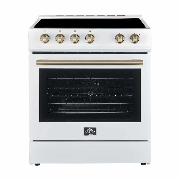 Forno Espresso 2-Piece Appliance Package - 30-Inch Electric Range with 5.0 Cu.Ft. Electric Oven and Under Cabinet Range Hood in White with Antique Brass Trim (FBDL-002-03US)