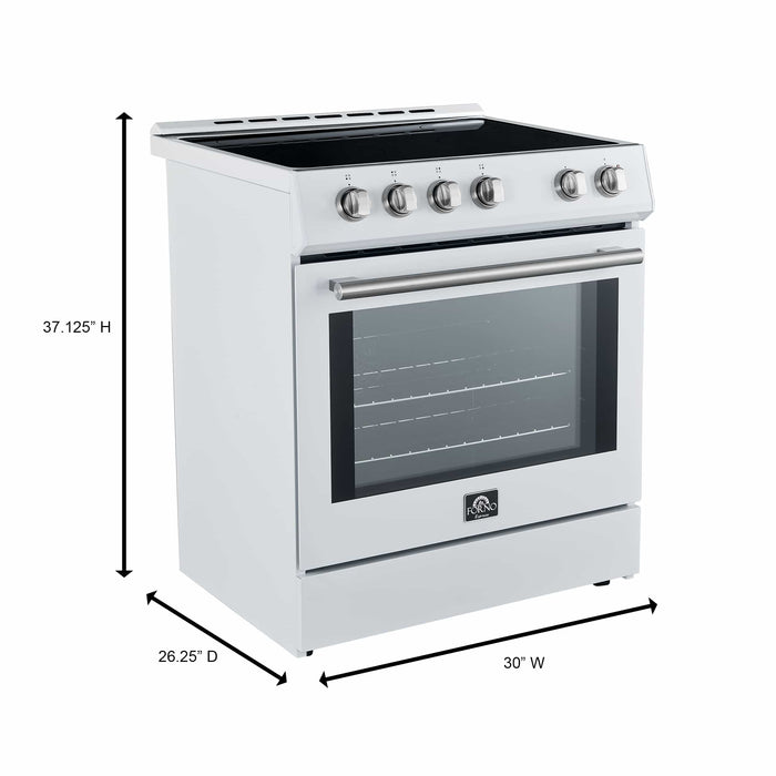 FORNO 4-Piece Appliance Package- 30-Inch Electric Range, Under Cabinet Range Hood, 31-Inch Refrigerator, and Built-In Dishwasher in White with Stainless Steel Trim (FBDL-006-03US)