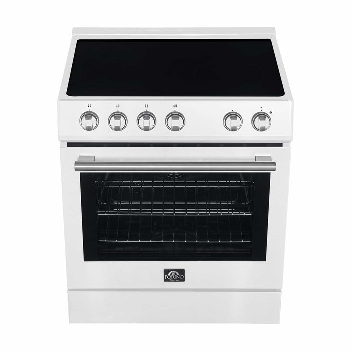 FORNO 4-Piece Appliance Package- 30-Inch Electric Range, Under Cabinet Range Hood, 31-Inch Refrigerator, and Built-In Dishwasher in White with Stainless Steel Trim (FBDL-006-03US)
