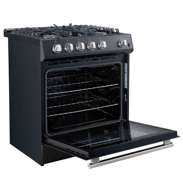 Forno Leonardo Espresso 30-Inch Black Gas Range - Angle Open Door Detail