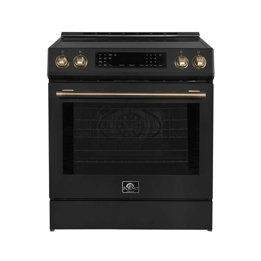 Forno Donatello 30-Inch Black Induction Range - Front with Antique Brass Handle