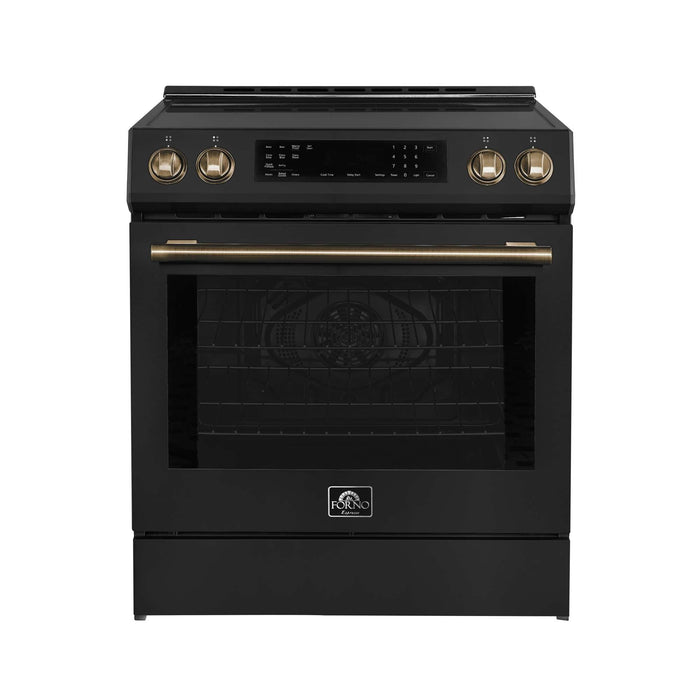 Forno Donatello 30-Inch Black Induction Range - Front with Antique Brass Handle