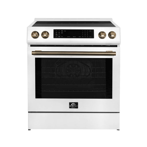 Forno Donatello 30-Inch White Induction Range - Front with Antique Brass Handle