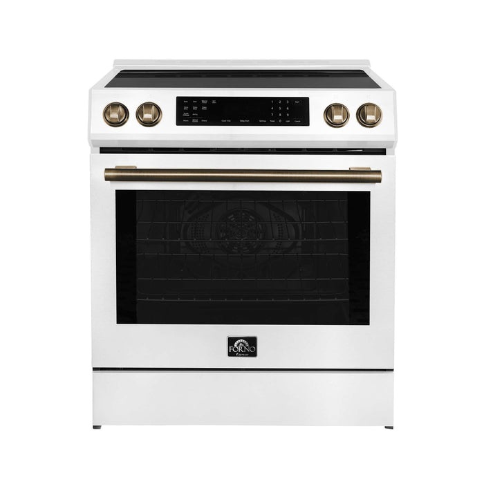 Forno Donatello 30-Inch White Induction Range - Front with Antique Brass Handle