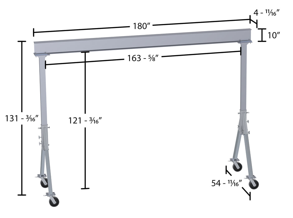 Vestil FHA-4-15-10 aluminum fixed gantry crane with phenolic locking casters dimensions diagram