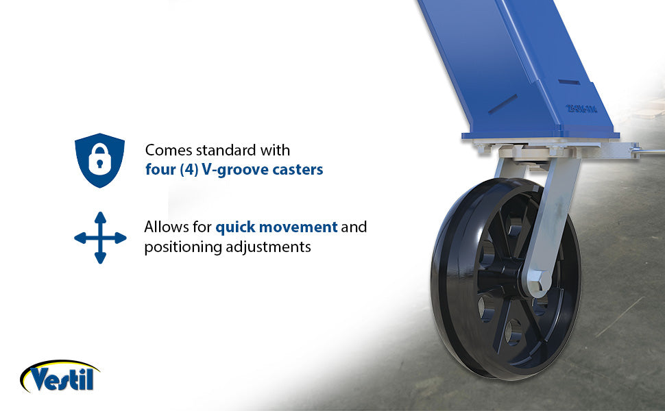 Vestil FHS-4-15-VG steel fixed gantry crane with v-groove ductile steel casters feature overview 1