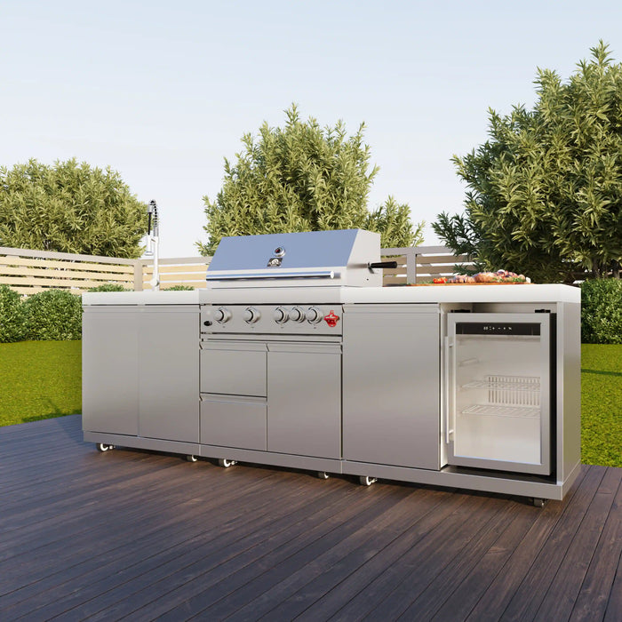 Forno Bulnes Outdoor Kitchen 30-Inch BBQ 60,000 BTU, with Sear, Rotisserie Infrared Burners, 1.8 Cu.Ft. Beverage Center, & White Countertops (FODKT2506WHT)