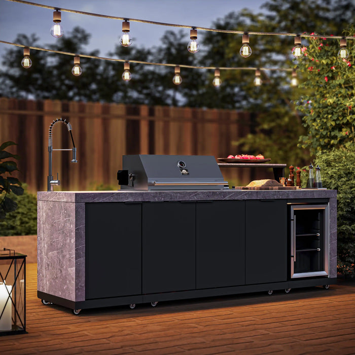 Forno Rimini Outdoor Kitchen 30-Inch BBQ 62,600 BTU, 3 Burners with Sear & Rotisserie, 2.4 cu.ft. Beverage Center, Stainless Steel Sink, Black Cabinets & Gray Sintered Stone Countertop (FODKT2544BLK)