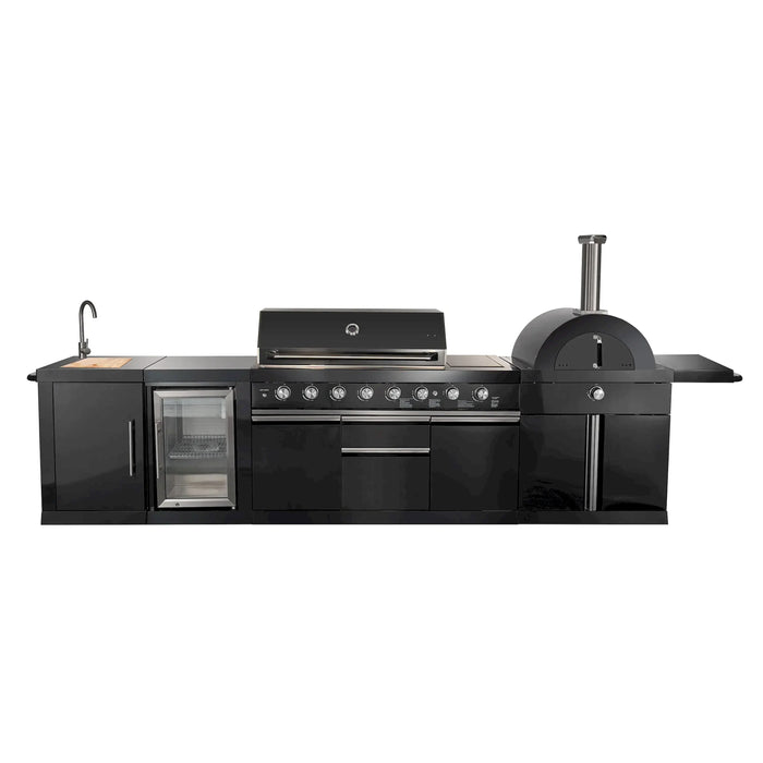 Forno All'Aperto Outdoor Kitchen Set with 87,600 BTU BBQ, Sink & Bar Module, Gas Pizza Oven, Black Sintered Stone Countertops in Black (FODKT2551BLK)
