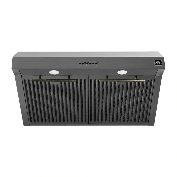 Forno Espresso 3-Piece Appliance Package - 30-Inch Electric Range with 5.0 Cu.Ft. Electric Oven, Refrigerator, and Under Cabinet Range Hood in Black with Antique Brass Trim (FBDL-001-02US)