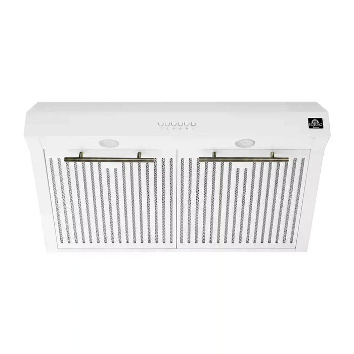 Forno Espresso 2-Piece Appliance Package - 30-Inch Electric Range with 5.0 Cu.Ft. Electric Oven and Under Cabinet Range Hood in White with Antique Brass Trim (FBDL-002-03US)