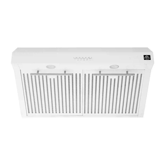 FORNO 4-Piece Appliance Package- 30-Inch Electric Range, Under Cabinet Range Hood, 31-Inch Refrigerator, and Built-In Dishwasher in White with Stainless Steel Trim (FBDL-006-03US)