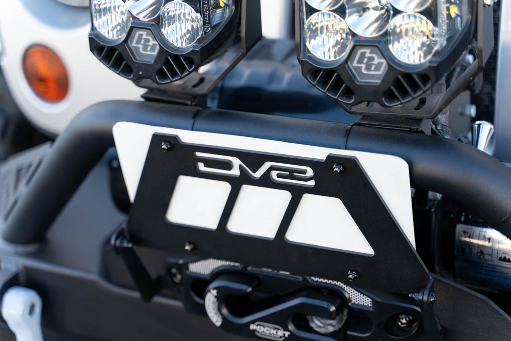 DV8 Offroad Fairlead Mounted Flip-Up License Plate Bracket – installed on vehicle, image 3 of 10